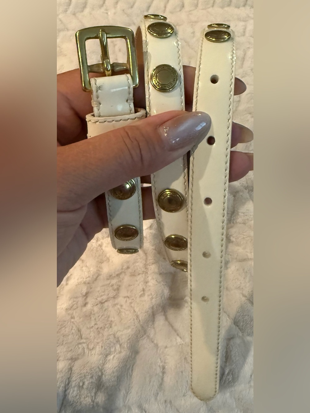 Coach White Patent Leather Vintage Skinny Belt Gold Stud Logo Accents sz S